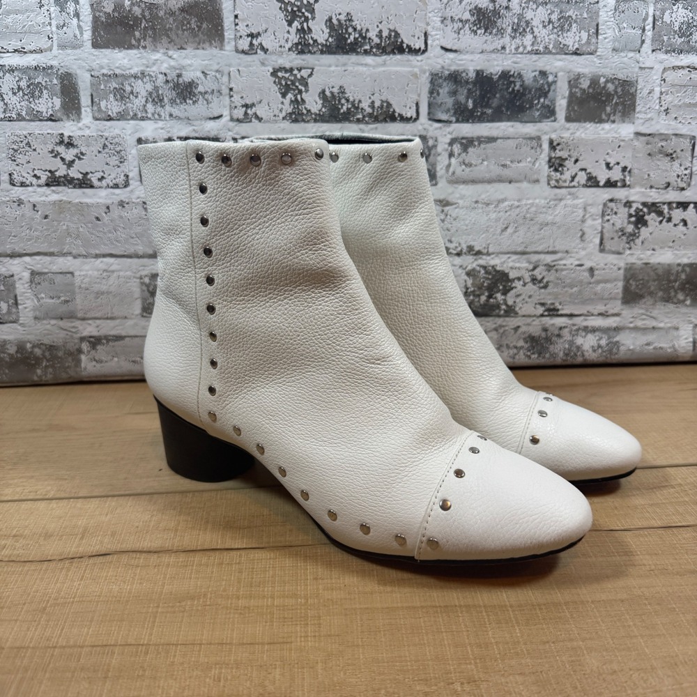 Rebecca Minkoff White Leather Studded Boots Block Heel Side‎ Zip Women's Size 8M